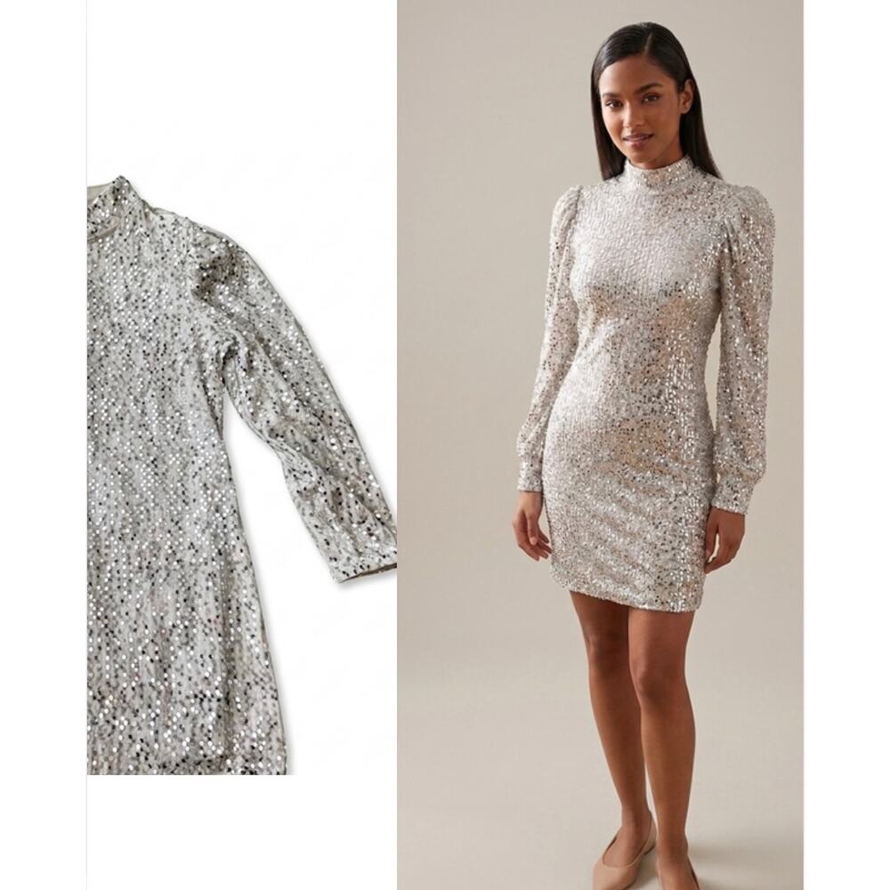 Sanctuary Silver Sequin Mock Neck Long Sleeve Mini Dress Small